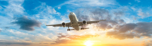 istock Airplane in the sky at sunrise 1161478255
