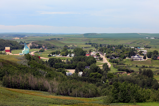 High angle  July view of the small town of Rosebud in Southern Alberta.  Known for it's live theatre.