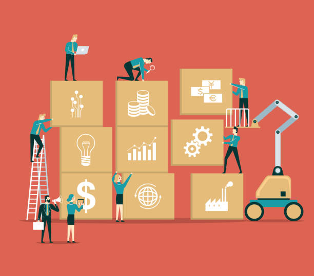 ilustraciones, imágenes clip art, dibujos animados e iconos de stock de estrategia de negocio - personas de negocios - gear industry teamwork progress