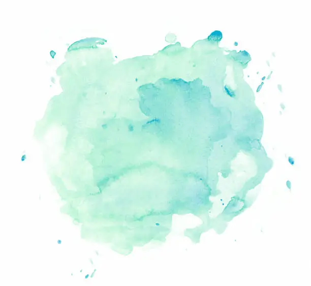 green watercolor spot with splashes hand colored on a white watercolor paper. My own work