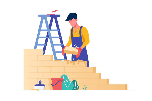 Flat young man bricks stacker with equipment makes wall. Flat young man bricks stacker with equipment makes wall. Concept isolated professional employee building modern house, hands work. Vector illustration. cement wall stock illustrations