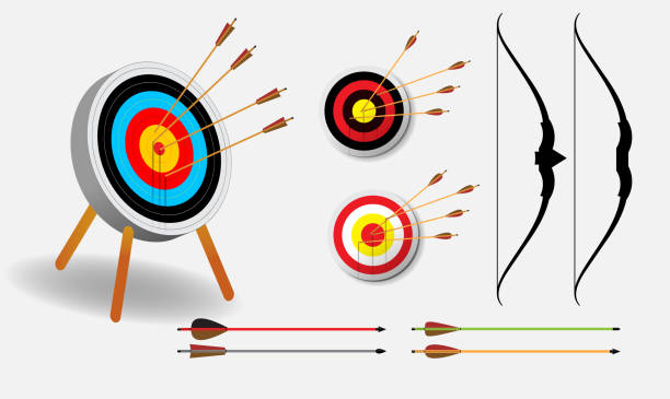 ilustraciones, imágenes clip art, dibujos animados e iconos de stock de conjunto de tiro con arco con flechas en fondo blanco aislado. - dartboard darts scoreboard leisure games