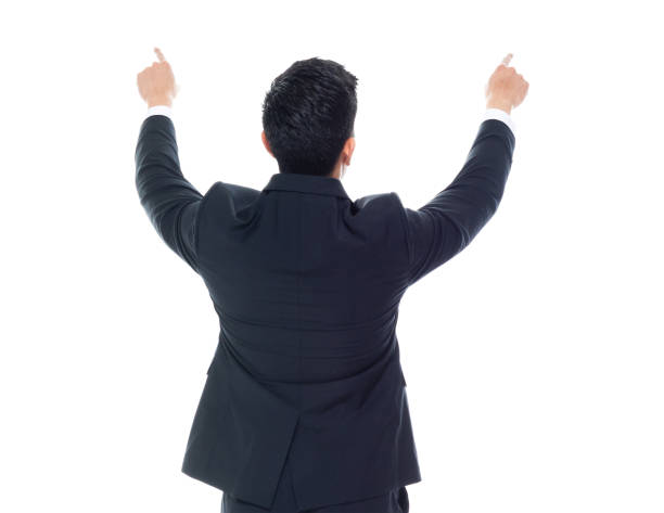istock Attractive Chinese businessman on white background - rear view, pointing / touching 1161516905