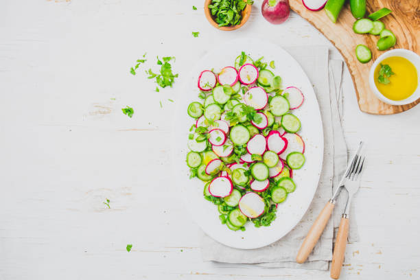 istock Fresh radish cucumber salad, white background. Top view 1161518974