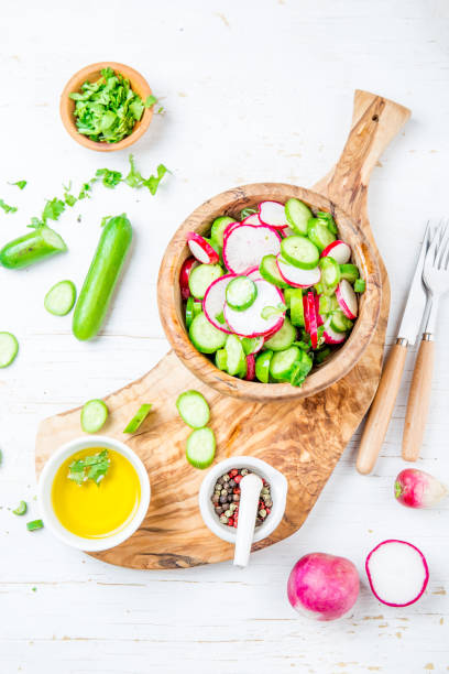 istock Fresh radish cucumber salad, white background. Top view 1161518981