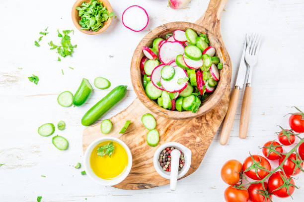 istock Fresh radish cucumber salad, white background. Top view 1161518986