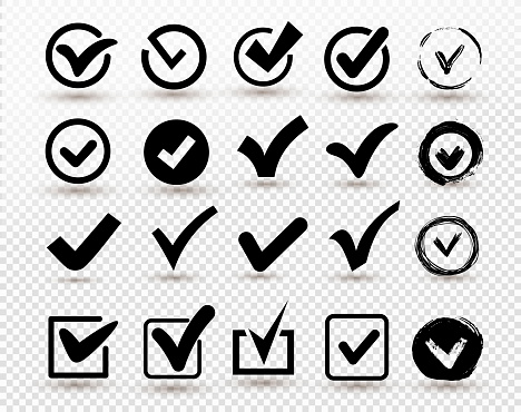 Set of Check mark icon in circle. Flat design style. Tick symbol. Vector illustration. Isolated on transparent background.