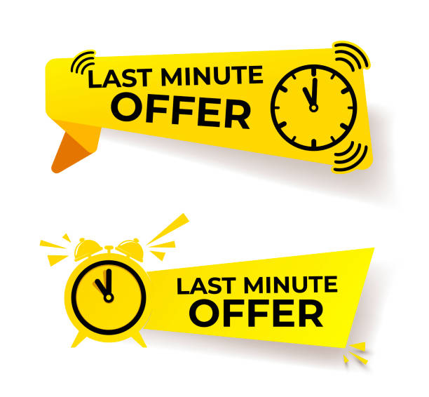 Set of last minute offer button sign, yellow flat modern label, alarm clock countdown logo. Vector illustration. Isolated on white background. Set of last minute offer button sign, yellow flat modern label, alarm clock countdown logo. Vector illustration. Isolated on white background. last stock illustrations