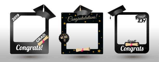 Set of graduation party photo booth props. Concept for selfie. Frame with cap for grads. Photobooth vector element. Congradulation grad quote. Vector illustration. Isolated on white background. Set of graduation party photo booth props. Concept for selfie. Frame with cap for grads. Photobooth vector element. Congradulation grad quote. Vector illustration. Isolated on white background. selfie borders stock illustrations