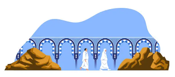 Vector illustration of Walking Hajj Pilgrims Between Safa And Marwa Mount