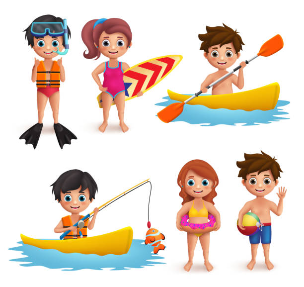 illustrations, cliparts, dessins animés et icônes de personnages vectorielles d'enfants d'été réglés. jeunes garçons et filles utilisant la tenue de natation faisant des activités de plage - child nautical vessel summer swimming goggles