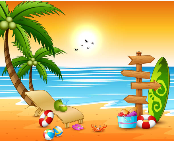 ilustrações, clipart, desenhos animados e ícones de fundo da praia das férias de verão com seta de madeira, prancha, esfera de praia e lifebuoy - outdoor chair illustrations