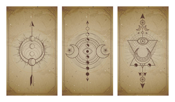 Vector set of three vintage backgrounds with geometric symbols and frames. Abstract geometric symbols and sacred mystic signs drawn in lines. Vector set of three vintage backgrounds with geometric symbols and frames. Abstract geometric symbols and sacred mystic signs drawn in lines. In sepia colors. For you design and magic craft. alchemy stock illustrations