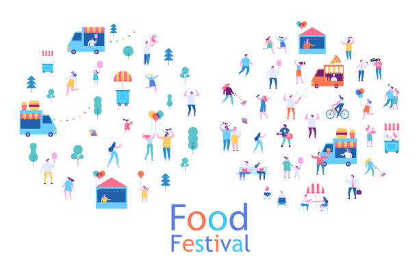 sommer-food-festival. food street fair, familienfest. - urban scene small city banner stock-grafiken, -clipart, -cartoons und -symbole