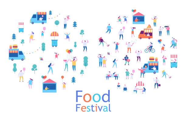 Summer food festival. Food street fair, family festival. People walking, riding bicycle, eating street food, have fun together. Flat vector poster and banner colorful design. food festival stock illustrations