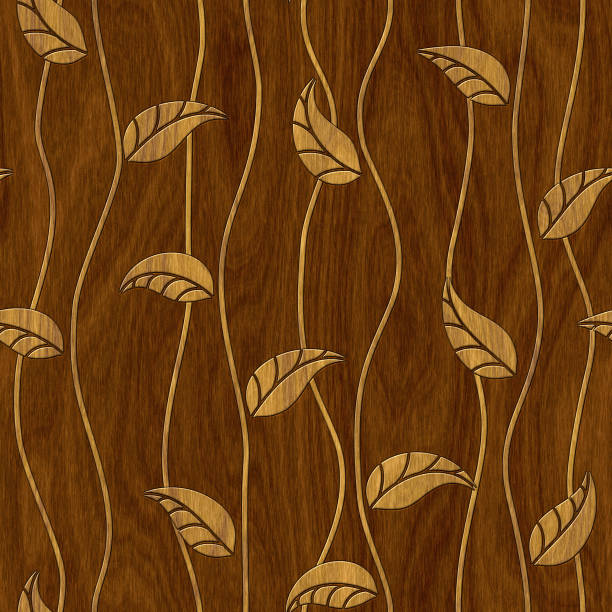 motif sculpté de feuilles sur la texture sans couture de fond de bois, panneau de marqueterie, illustration 3d - inlaid photos et images de collection