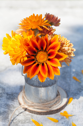 bouquet of orange flowers in a pot on a gray background