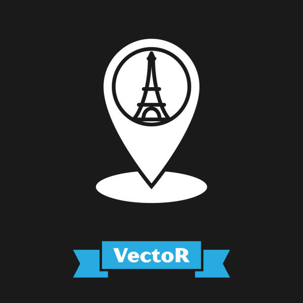 weiße karte zeiger mit eiffelturm-symbol auf schwarzem hintergrund isoliert. frankreich paris wahrzeichen symbol.  vektor-illustration - eiffel tower black and white paris france construction stock-grafiken, -clipart, -cartoons und -symbole