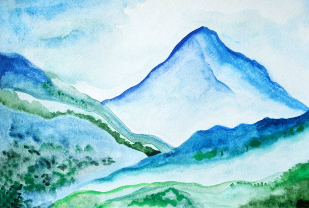 istock Drawing of bright mountains, green grass, hills blue sky 1161531525