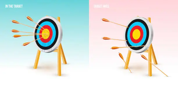 Vector illustration of Arrows at the center of the target. Always dart in the target. And all miss the target goal. Failing to hit the target. Vector illustration. Isolated on white background.