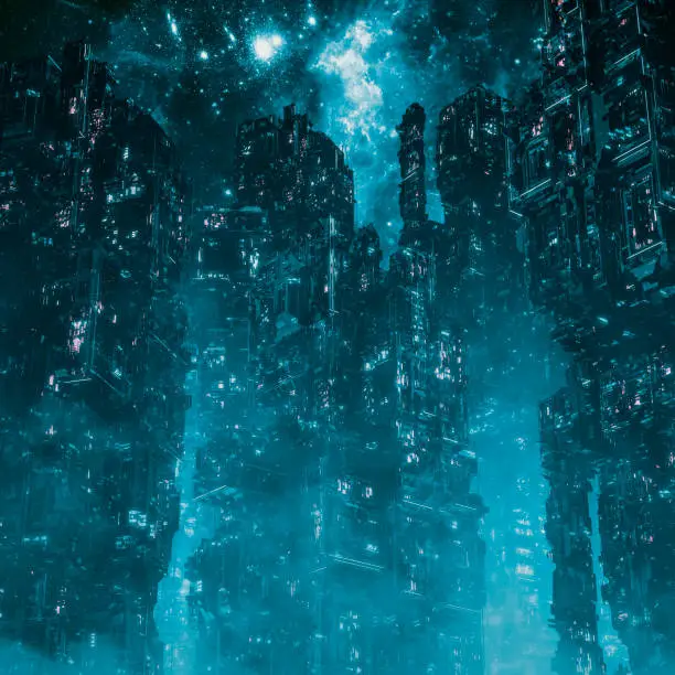 3D illustration of dark futuristic science fiction city under night sky
