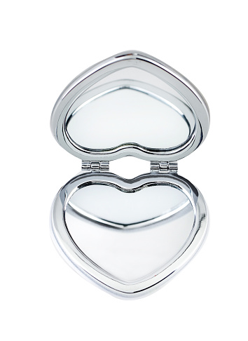 Opened heart shaped metallic compact mirror