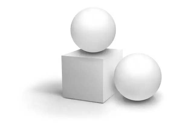 White cube and sphere Isolated objects on a white background.