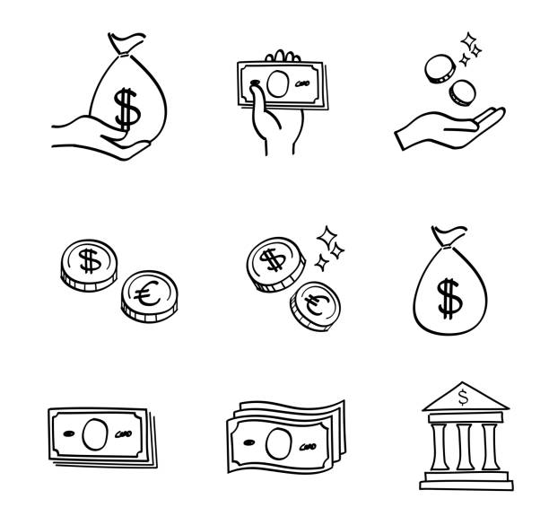ilustraciones, imágenes clip art, dibujos animados e iconos de stock de conjunto de iconos de dinero - estilo dibujado a mano - euro symbol illustrations