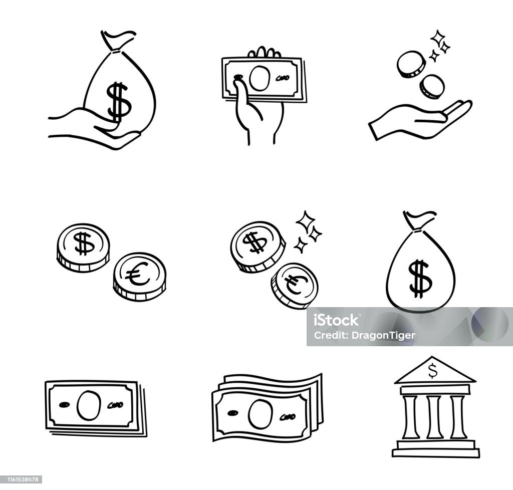 Money icon set - hand drawn style Drawing - Activity stock vector