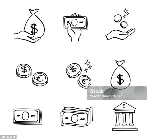 Money Icon Set Hand Drawn Style Stock Illustration - Download Image Now - Drawing - Activity, Currency, Coin
