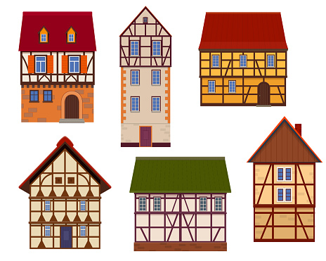 Set of half timbered houses on white background. Timber framed buildings. Vector illustration