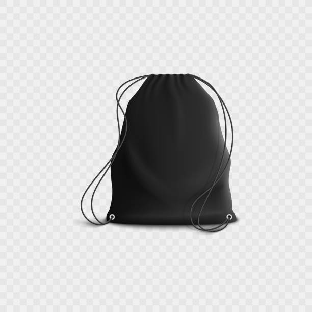 czarny plecak ze sznurkiem, realistyczna pusta torba na siłownię sportową makieta z paskami linowymi - black line stock illustrations