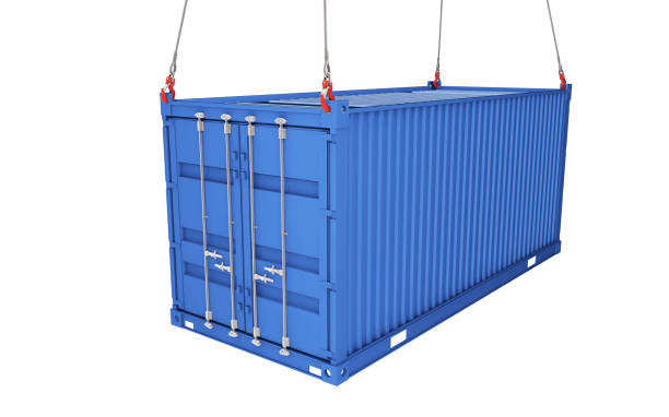 istock Sea container lifted with crane hooks. 3d rendering. isolated on white background 1161544483
