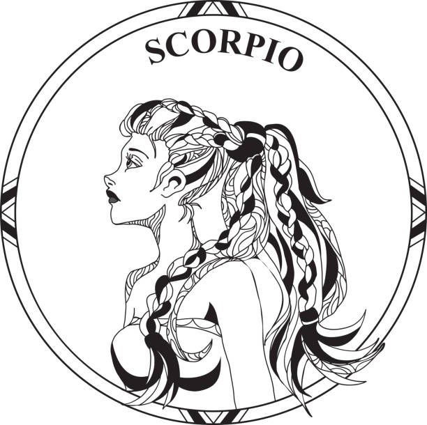 Vector illustration of sign zodiak Scorpio. Beautiful girl with hair in long tail in round frame. Line art. Design for a tattoo. Coloring illustration. female scorpio tattoos stock illustrations