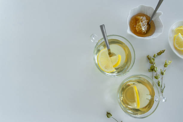 istock Top view of lemon tea glasses. Drinks flat lay. Seasonal refreshment break 1161548010