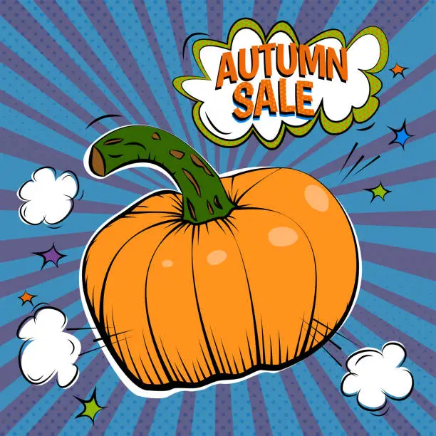 Vector illustration of Vector square format banner of orange pumpkin on blue background with comics rays and halftones