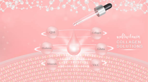 istock Hyaluronic acid plus multivitamins and mineral skin solutions ad, pink collagen serum drop with cosmetic advertising background ready to use, illustration vector. 1161552256
