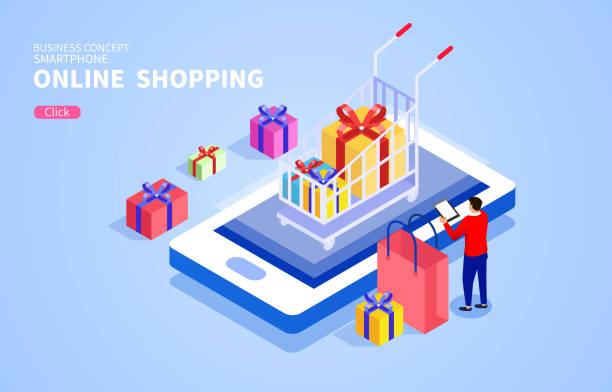 illustrazioni stock, clip art, cartoni animati e icone di tendenza di smartphone internet shopping online - ipad shopping gift retail