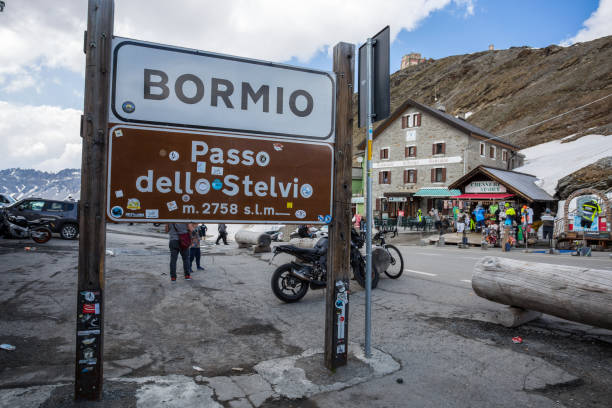 Stelvio Pass is the highest automobile pass in Italy, 2758 metres and the second highest in Europe, located between Trentino-Alto Adige and Lombardy, Italy. stock photo