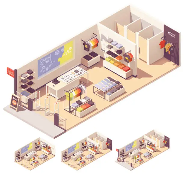 Vector illustration of Vector isometric clothing store interior