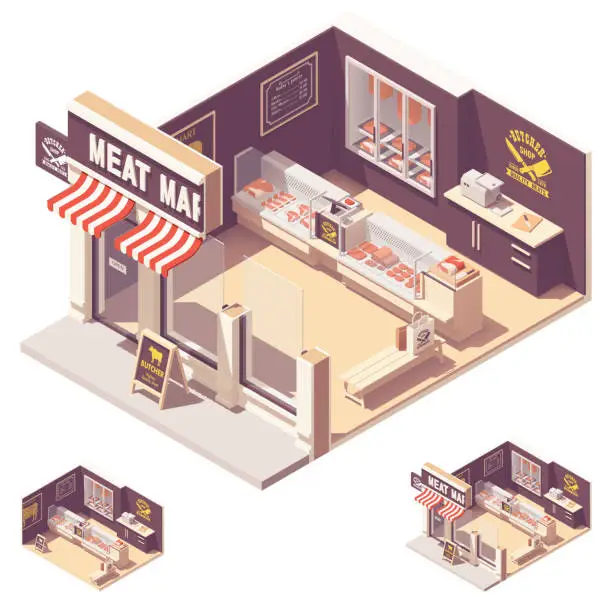 Vector illustration of Vector isometric butcher shop interior