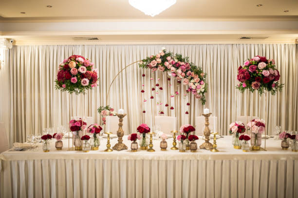 istock Table set for bride and groom at luxury restaurant 1161558361
