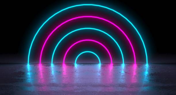 istock Sci-Fi Futuristic Blue Pink Neon Glowing Circle Round Shape Tubes On Reflection. 3D Rendering Illustration 1161558382