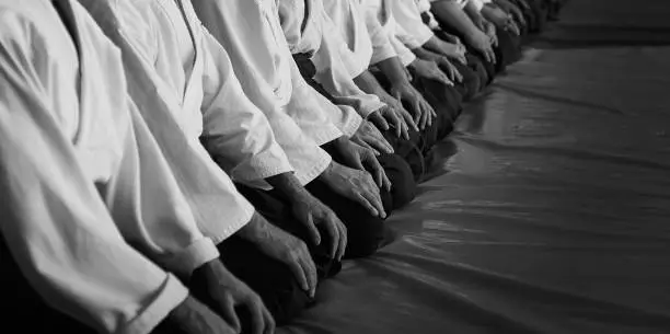 Black and white image of aikido. !Background image. No faces and recognizable elements! A number of black belt practitioners in traditional uniform, white kimano and black hakama.