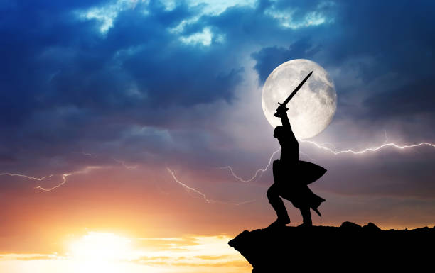 Warrior silhouette and lightning. Warrior silhouette and lightning. Strength and power conceptual scene. knight person photos stock pictures, royalty-free photos & images