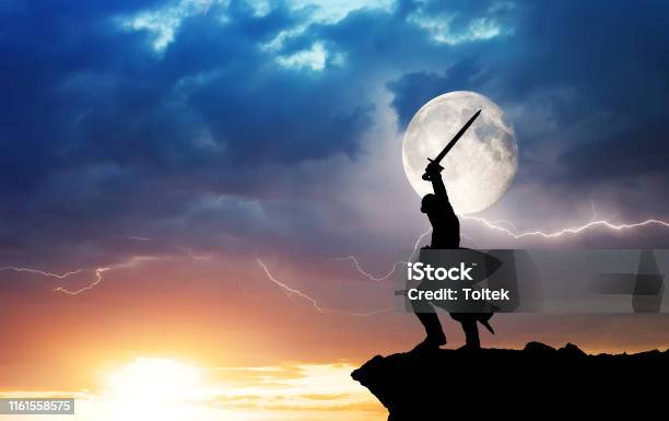Warrior Silhouette And Lightning Stock Photo - Download Image Now - Warrior - Person, Sword, In Silhouette