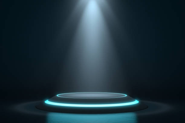 istock Hexagon Pedestal for display. Blank product stand with light glow. 3D rendering 1161559391