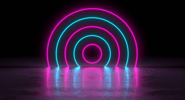 istock Sci-Fi Futuristic Blue Pink Neon Glowing Circle Round Shape Tubes On Reflection. 3D Rendering Illustration 1161559548