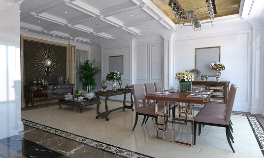Classical luxury designed living/dining room interior. (3d render)