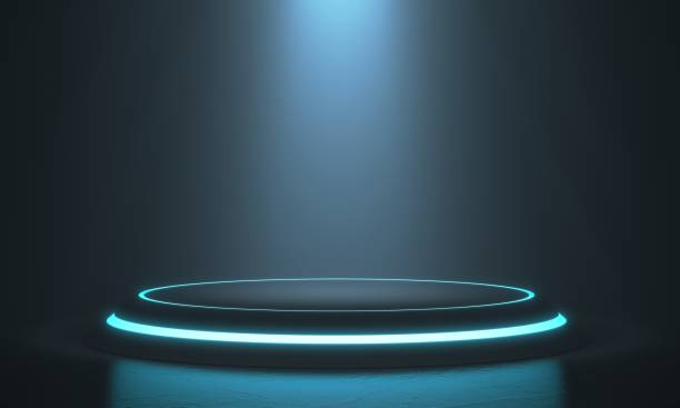 istock Hexagon Pedestal for display. Blank product stand with light glow. 3D rendering 1161560082